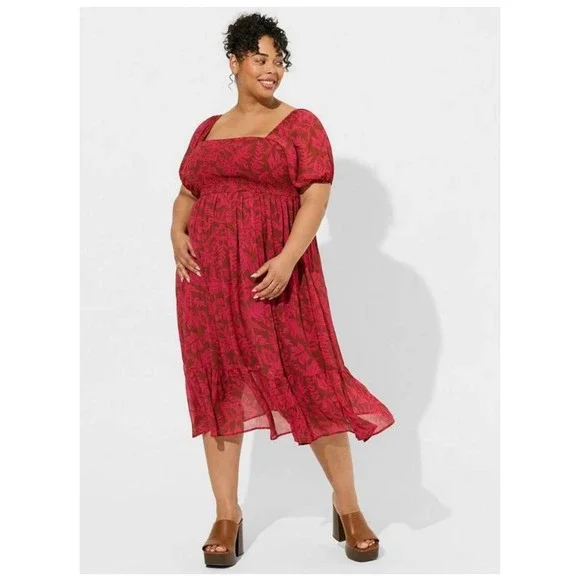 Torrid Women's Red Floral Tea Length Smocked Bodice A Line Midi Dress NWT - Picture 1 of 5